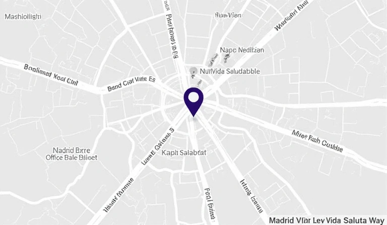 Mapa estilizado de Madrid destacando la ubicación de la oficina de NutriVida Saludable.