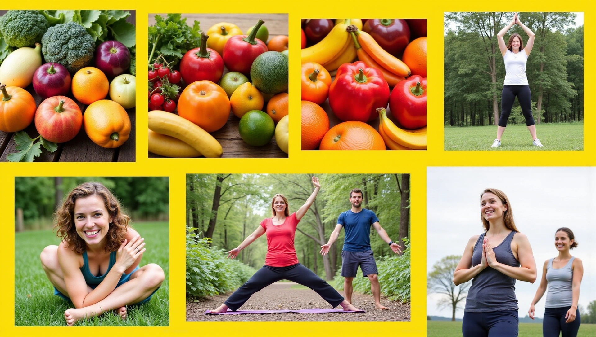 Frutas, verduras y personas haciendo yoga en la naturaleza