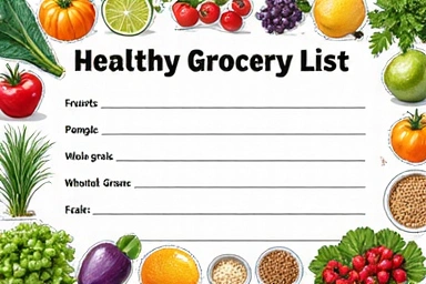 Una lista de compras saludable con frutas, verduras y productos integrales.