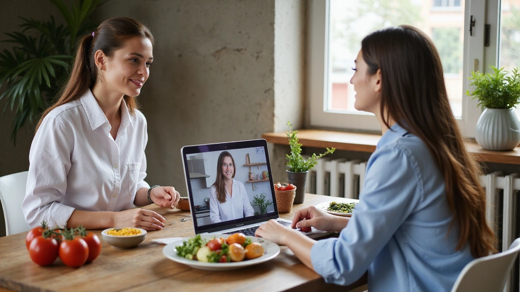 Nutricionista explicando un plan de alimentación a un paciente en una consulta online.