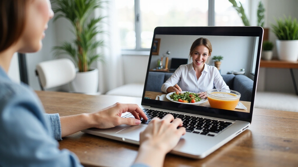 Persona usando una laptop para una videollamada con un nutricionista, con un plan de alimentación saludable en la pantalla.