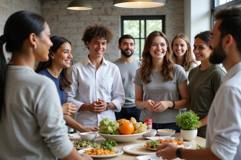 Grupo de personas sonriendo y participando en un taller de nutrición con un nutricionista
