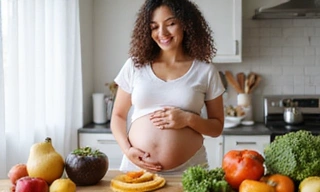 Madre embarazada sonriendo y acariciando su vientre, con alimentos saludables cerca