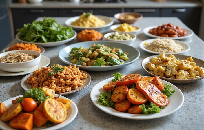 Variedad de platos saludables y coloridos en una mesa de cocina